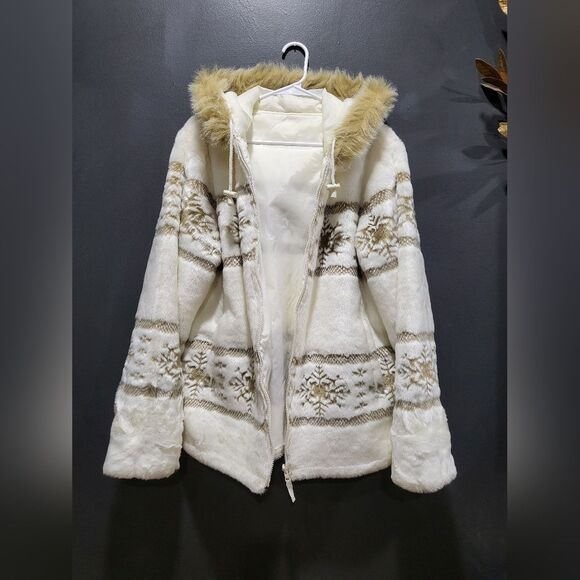 Guide Gear Faux Fur Plush Nuetral Tan White Sz L Hooded Coat - Picture 3 of 14